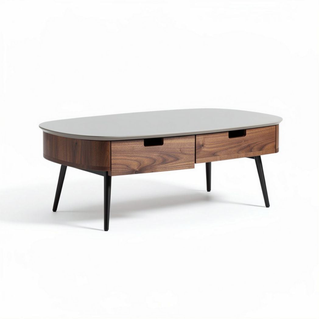 salontafel met houten structuur en twee lades in bruin en grijs 120 x 60 x 40cm