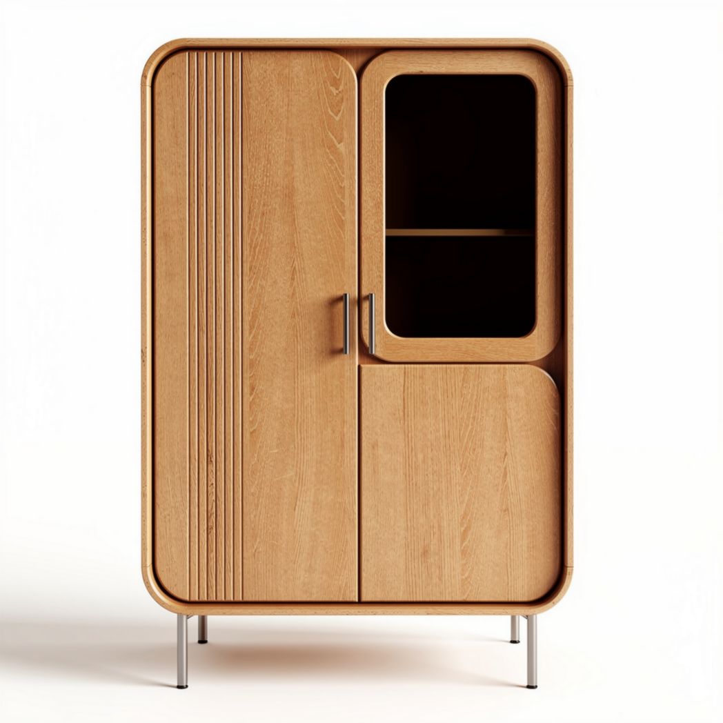 Houten kast met glazen deur en metalen poten 80 x 50 x 120cm