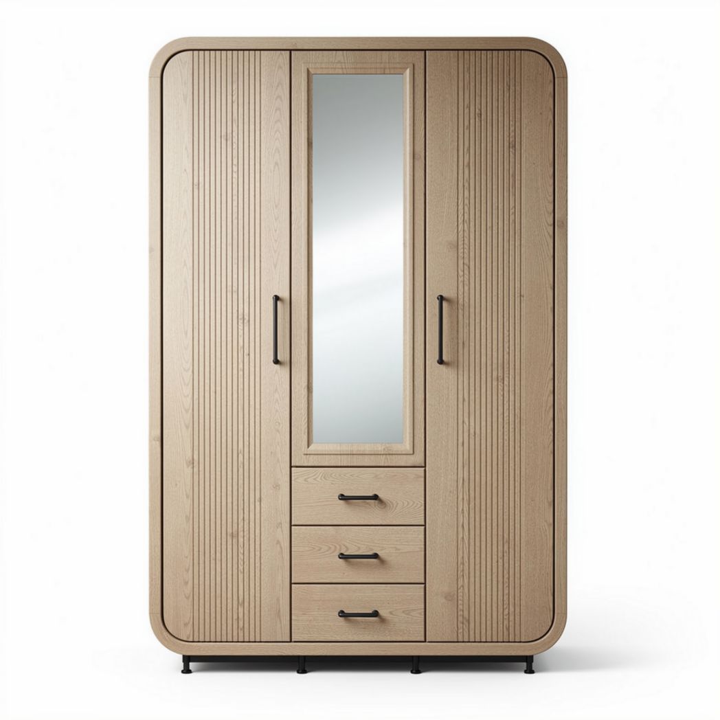 Kast van hout met spiegel en lade in naturel kleur 150 x 60 x 200cm