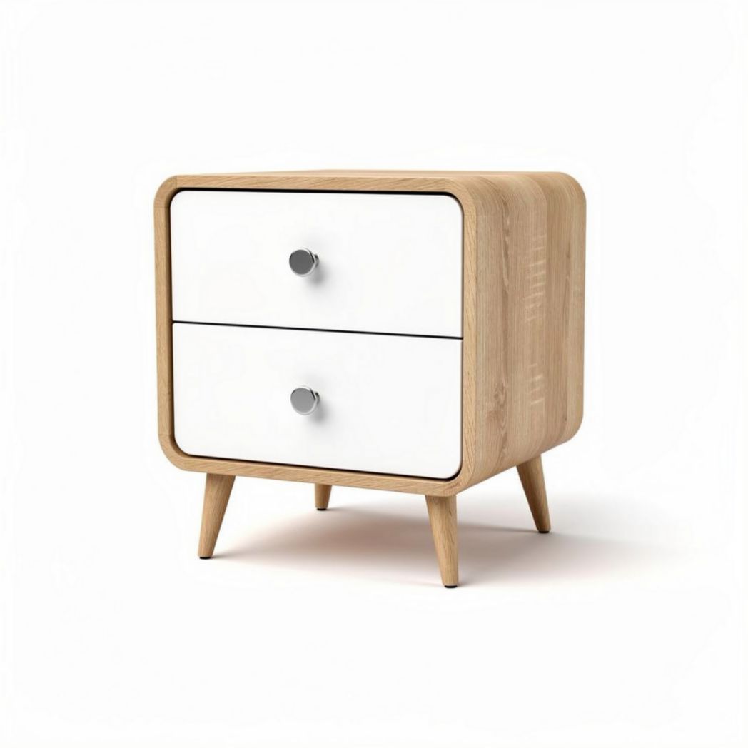 Moderne nachtkast met twee lades van hout en wit kunststof 55 x 45 x 45cm