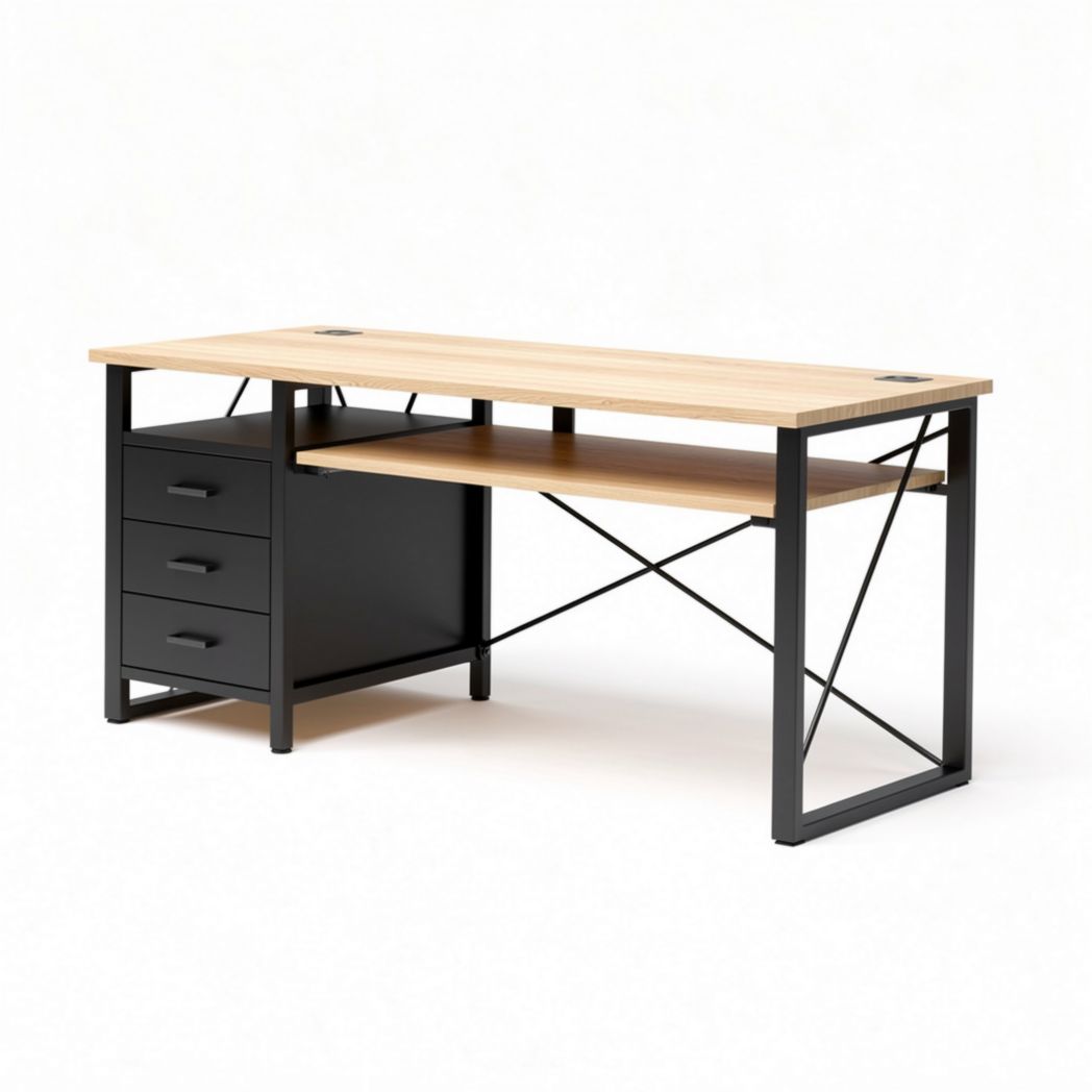Bureau met zwart metalen frame en houten blad afmetingen 150 x 75 x 75cm