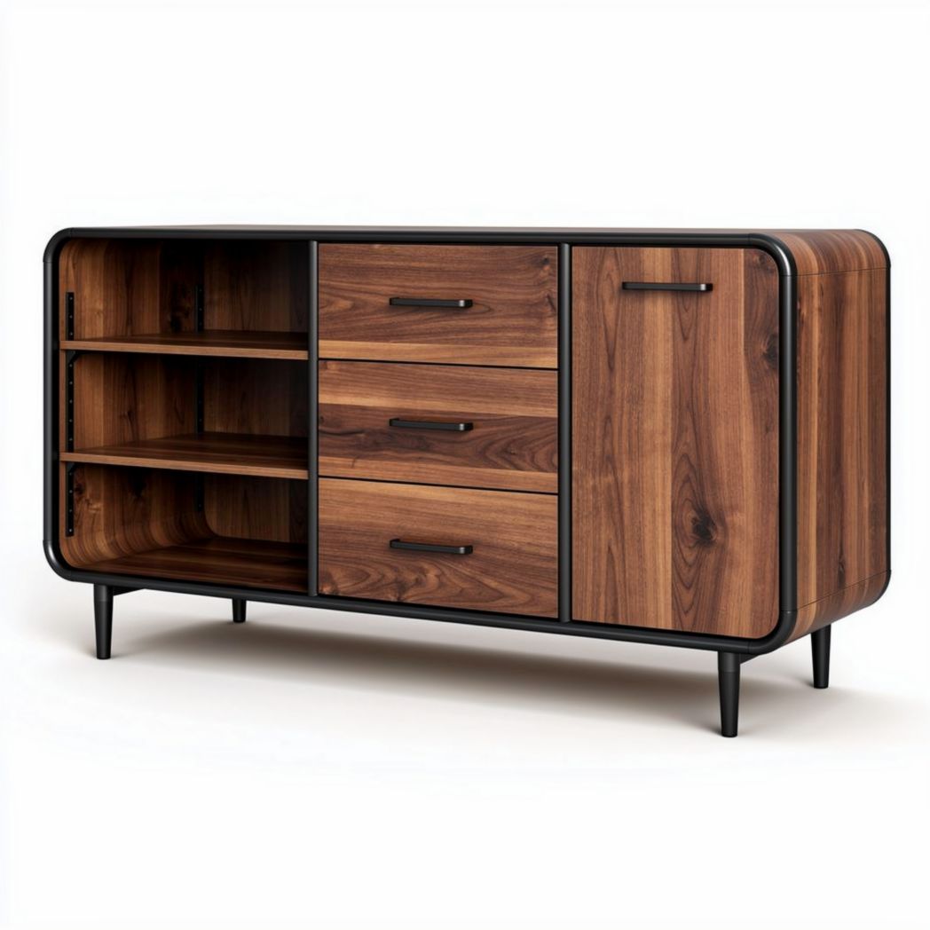 Kast van walnoot met metalen randen en vier lades 150 x 40 x 75cm