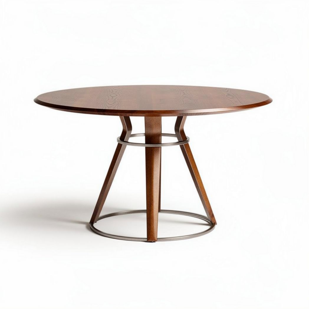 Eetkamertafel rond van hout met een metalen onderstel 100 x 100 x 75cm
